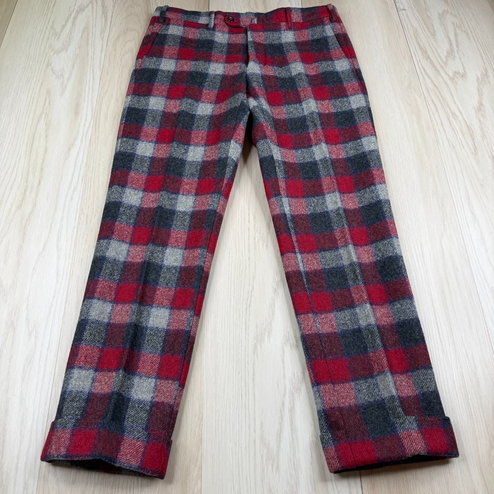 Jay Kos New York Mens Red Gray Plaid Lana Wool Flannel Trouser Pants Size 48